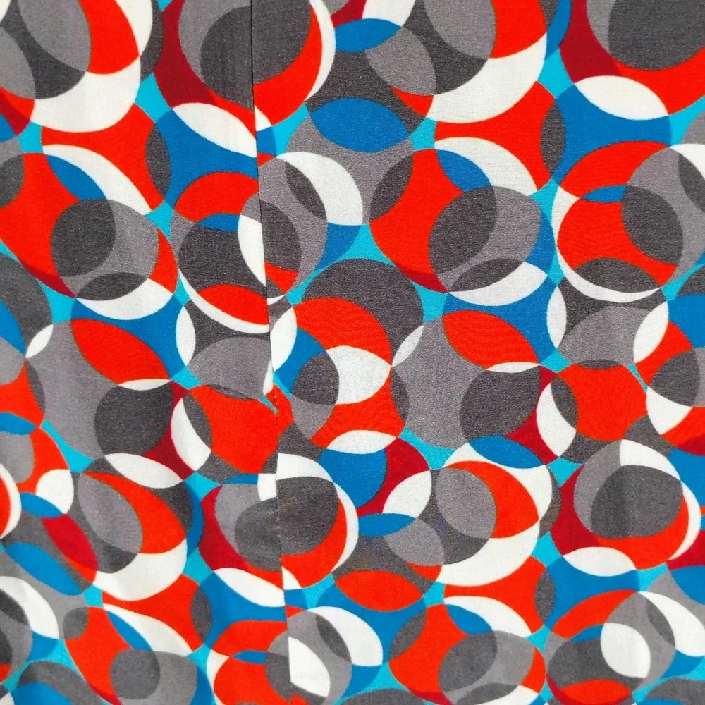 Silk Geometric Circle Print Maxi Skirt Red Blue Grey Size 10 Wrap Front Slit - Picture 9 of 13